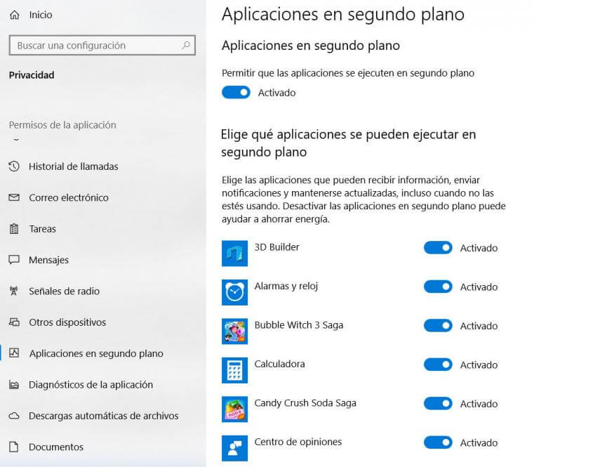 Windows 10 aplicaciones en segundo plano